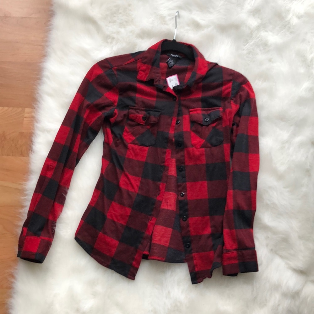 Red and black small plaid button up